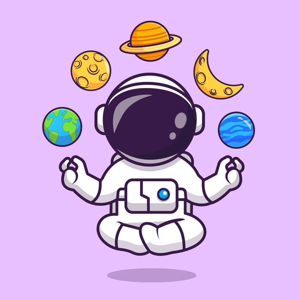 A cartoon astronaut sitting in a zen meditation pose with planets floating above its head.