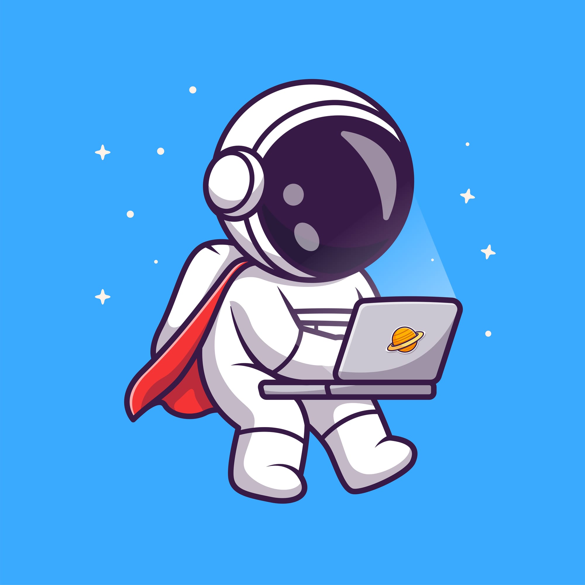 A cartoon astronaut floating in space typing on a laptop.