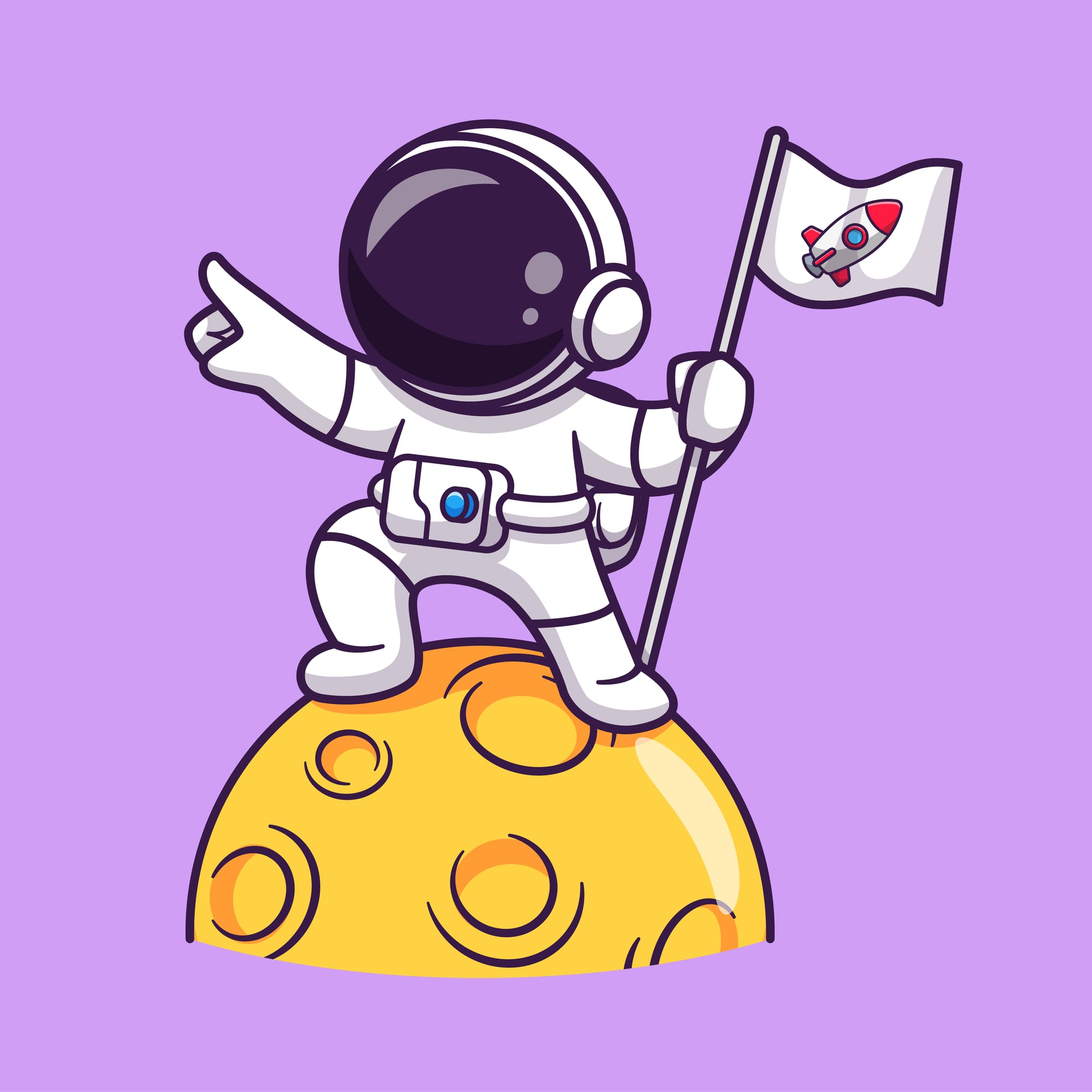 Cartoon Astronaut stands on the moon, pointing dramatically towards the future as they plant a flag.