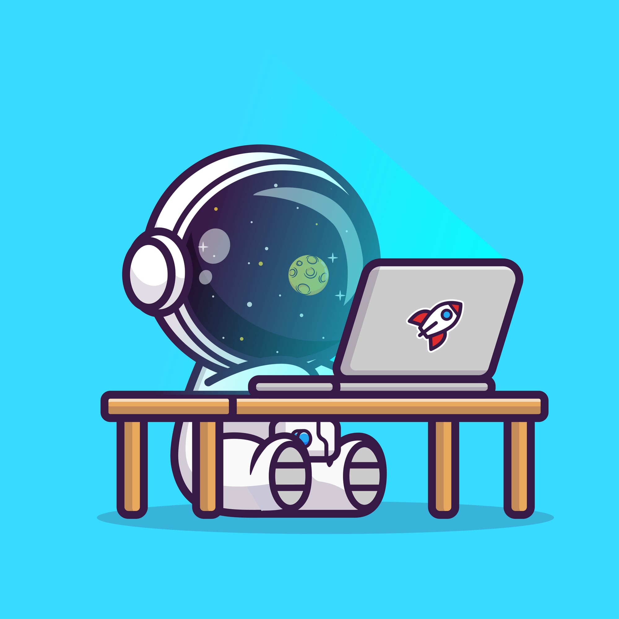 Cartoon astronaut sits at a desk typing on a laptop, the screen of the laptop lights their helmet showing stars and planets in the reflection.