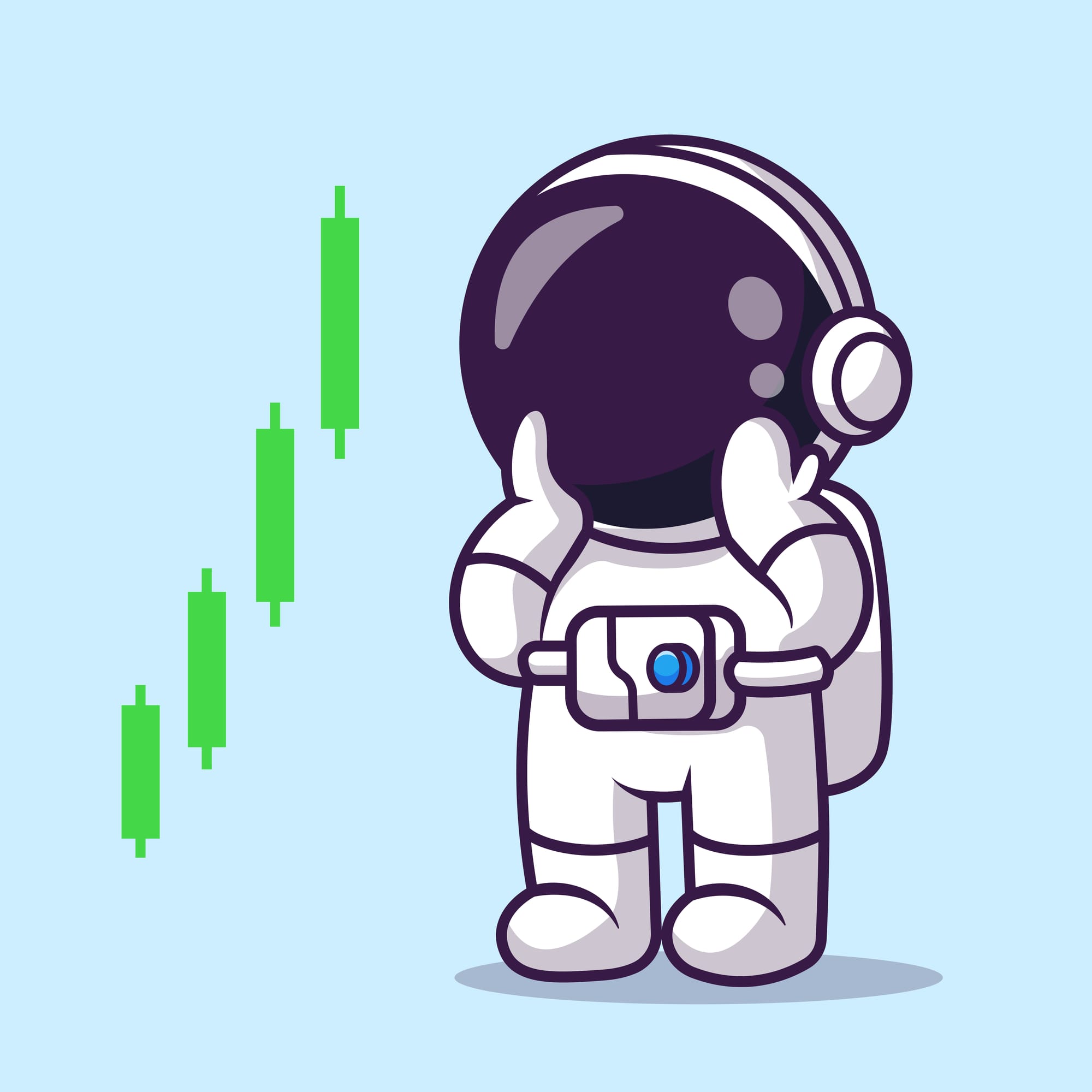 Cartoon astronaut looks at candlestick chart