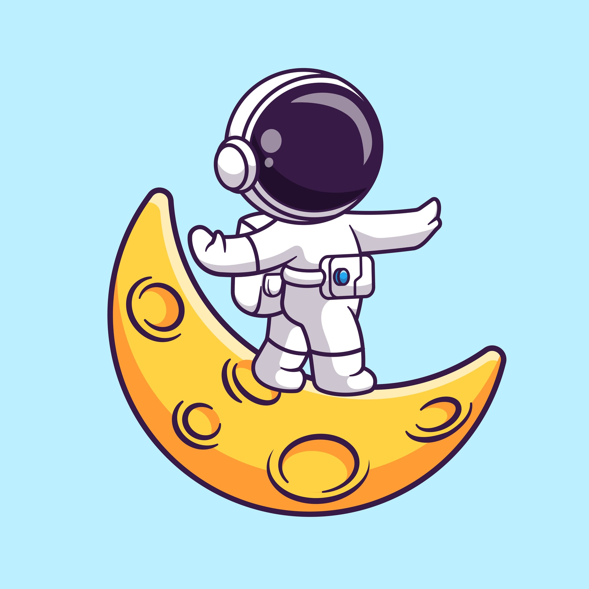 Cartoon astronaut walks across a Crescent moon as if on a balance beam.