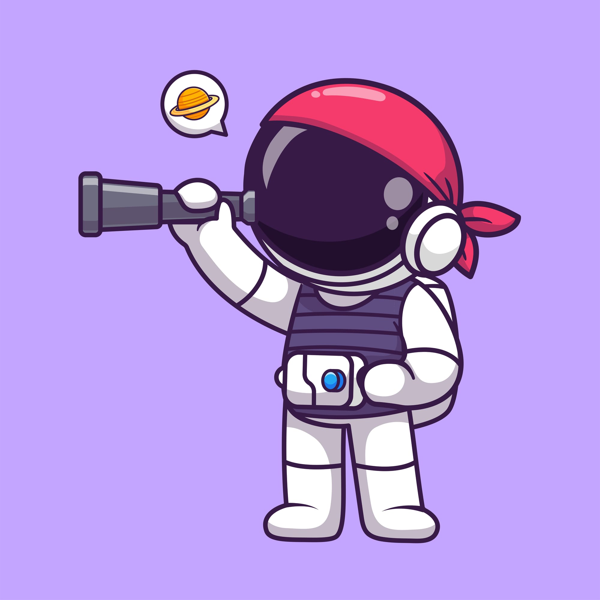 Cartoon astronaut pirate looks through a telescope and spots saturn.