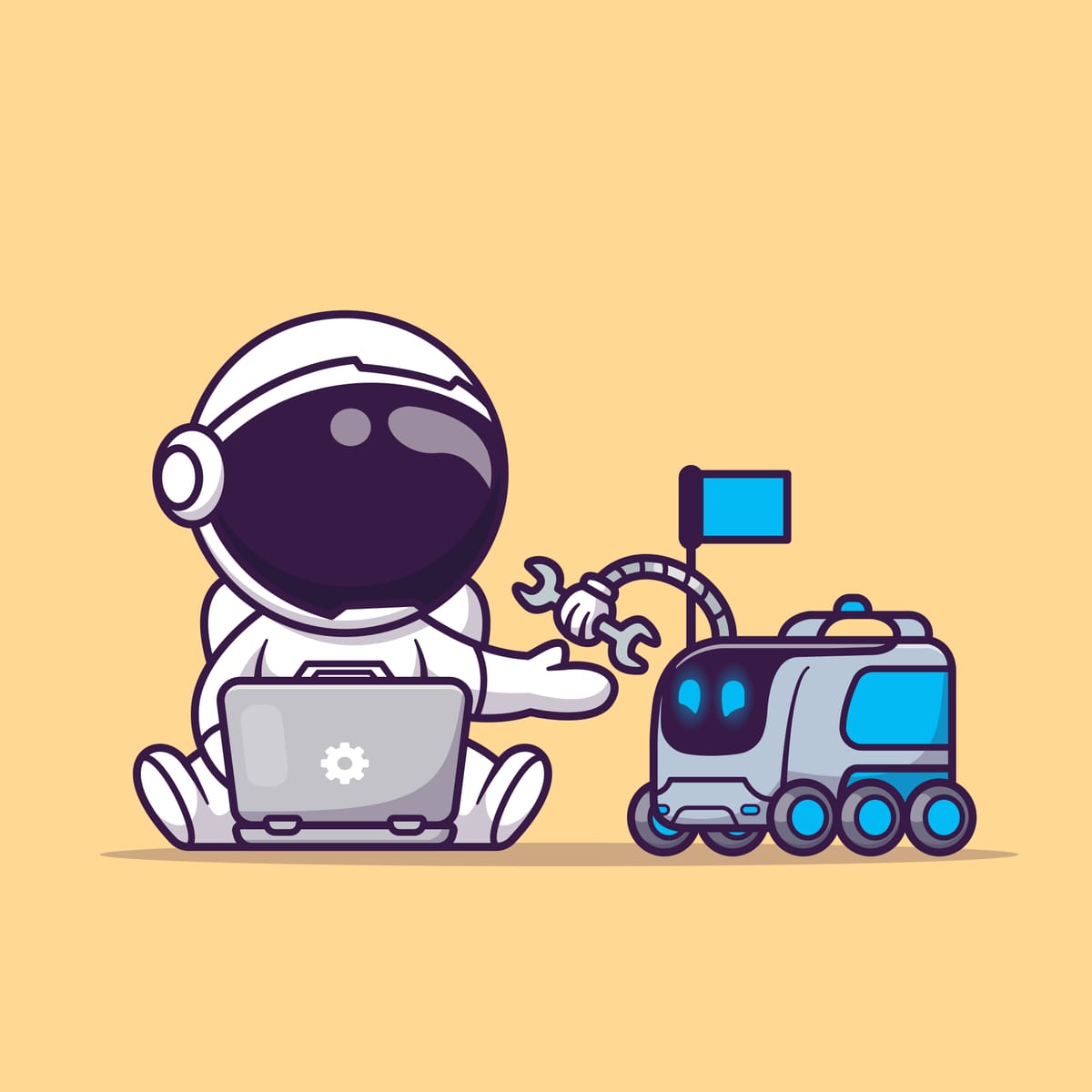 A cartoon of a robot handing a wrench to an astronaut typing on a laptop.