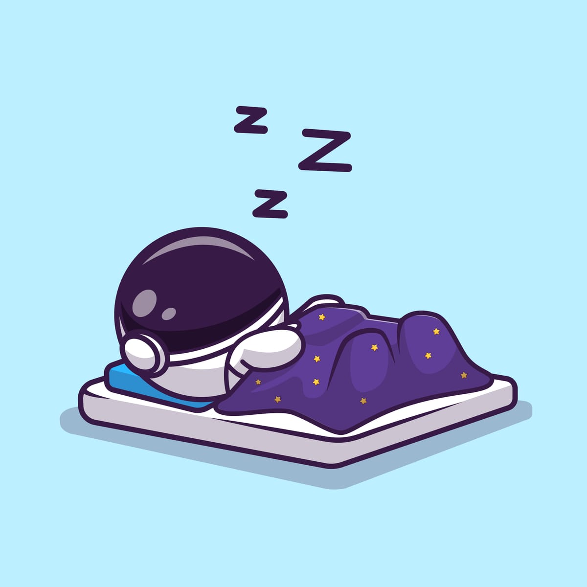 A cartoon astronaut sleeps on a bed with a blanket of stars and z's floating overhead.