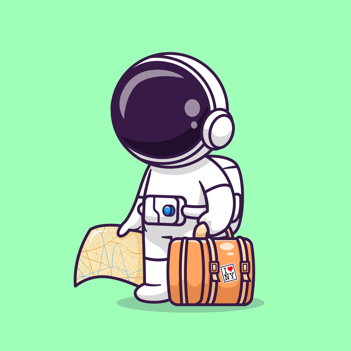 A cartoon astronaut stands determined, with a map and suitcase in hand, gazing into the future.